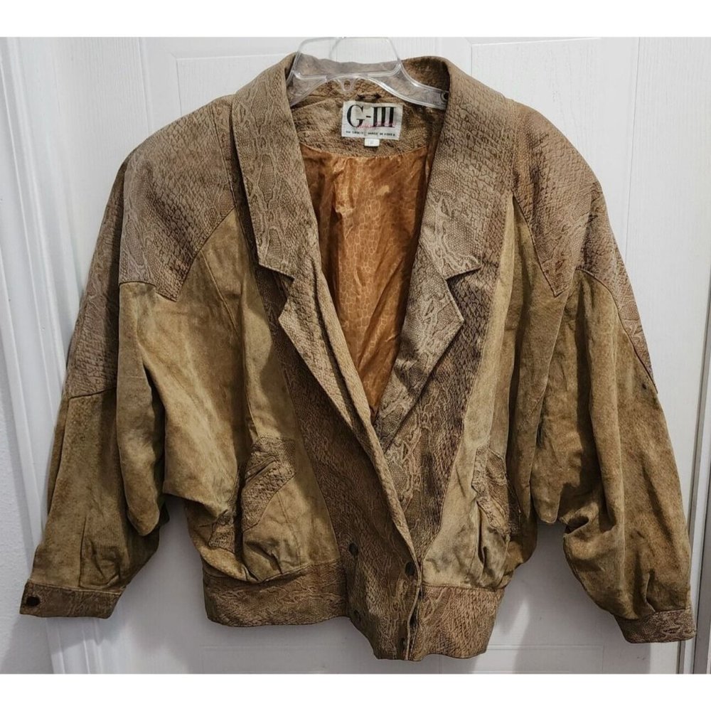 Women's Global Identity G-III Leather Jacket Faux Snake Print Brown Size Small